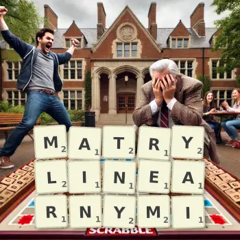 Kreatywna ilustracja do gry w Scrabble ze słowem MATRYLINEARNYMI ułożonym z płytek na planszy.