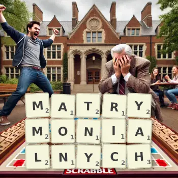 Kreatywna ilustracja do gry w Scrabble ze słowem MATRYMONIALNYCH ułożonym z płytek na planszy.