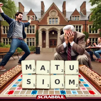 Kreatywna ilustracja do gry w Scrabble ze słowem MATUSIOM ułożonym z płytek na planszy.