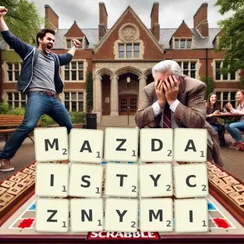 Kreatywna ilustracja do gry w Scrabble ze słowem MAZDAISTYCZNYMI ułożonym z płytek na planszy.