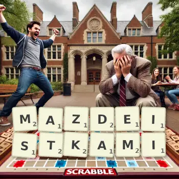 Kreatywna ilustracja do gry w Scrabble ze słowem MAZDEISTKAMI ułożonym z płytek na planszy.