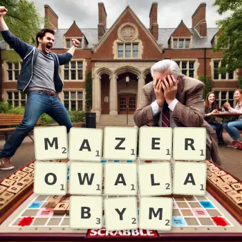 Kreatywna ilustracja do gry w Scrabble ze słowem MAZEROWALABYM ułożonym z płytek na planszy.