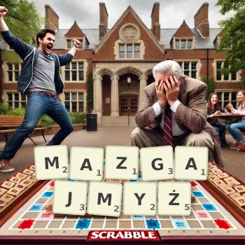 Kreatywna ilustracja do gry w Scrabble ze słowem MAZGAJMYŻ ułożonym z płytek na planszy.