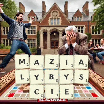 Kreatywna ilustracja do gry w Scrabble ze słowem MAZIALYBYSCIE ułożonym z płytek na planszy.
