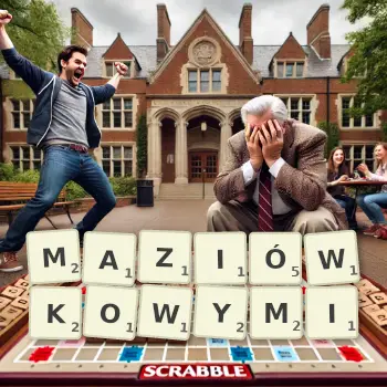 Kreatywna ilustracja do gry w Scrabble ze słowem MAZIÓWKOWYMI ułożonym z płytek na planszy.