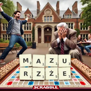 Kreatywna ilustracja do gry w Scrabble ze słowem MAZURZŻE ułożonym z płytek na planszy.