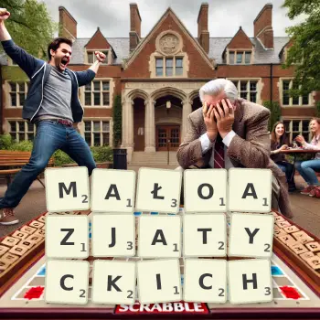 Kreatywna ilustracja do gry w Scrabble ze słowem MAŁOAZJATYCKICH ułożonym z płytek na planszy.