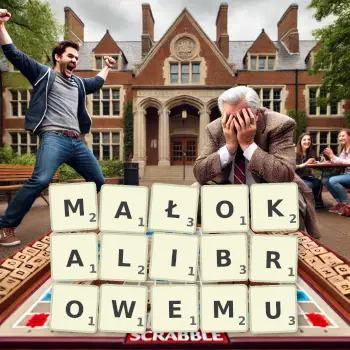 Kreatywna ilustracja do gry w Scrabble ze słowem MAŁOKALIBROWEMU ułożonym z płytek na planszy.
