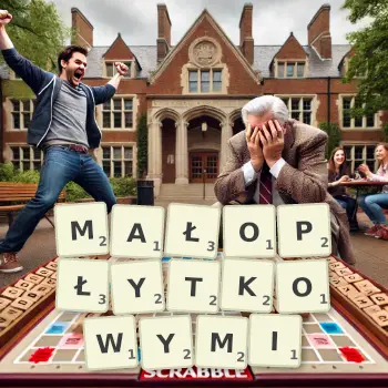 Kreatywna ilustracja do gry w Scrabble ze słowem MAŁOPŁYTKOWYMI ułożonym z płytek na planszy.