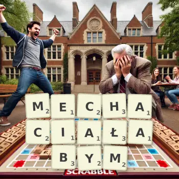 Kreatywna ilustracja do gry w Scrabble ze słowem MECHACIAŁABYM ułożonym z płytek na planszy.