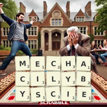 Kreatywna ilustracja do gry w Scrabble ze słowem MECHACILYBYSCIE ułożonym z płytek na planszy.