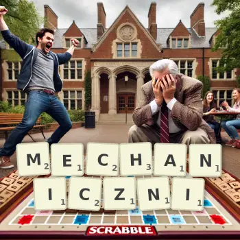 Kreatywna ilustracja do gry w Scrabble ze słowem MECHANICZNI ułożonym z płytek na planszy.