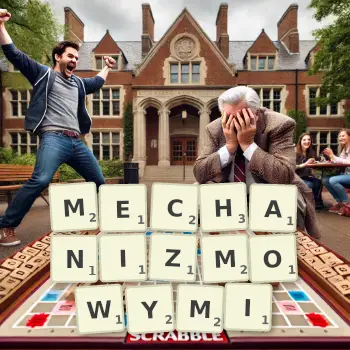 Kreatywna ilustracja do gry w Scrabble ze słowem MECHANIZMOWYMI ułożonym z płytek na planszy.