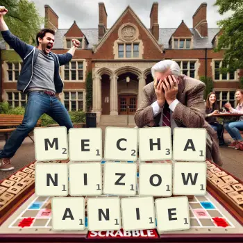 Kreatywna ilustracja do gry w Scrabble ze słowem MECHANIZOWANIE ułożonym z płytek na planszy.