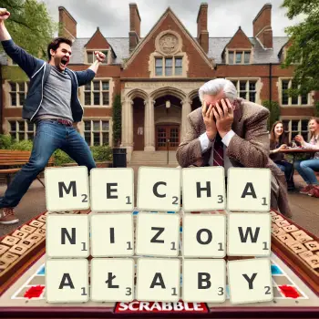 Kreatywna ilustracja do gry w Scrabble ze słowem MECHANIZOWAŁABY ułożonym z płytek na planszy.