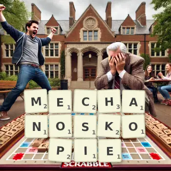 Kreatywna ilustracja do gry w Scrabble ze słowem MECHANOSKOPIE ułożonym z płytek na planszy.