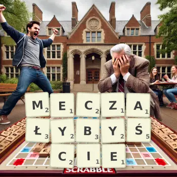 Kreatywna ilustracja do gry w Scrabble ze słowem MECZAŁYBYŚCIE ułożonym z płytek na planszy.