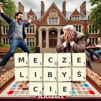 Kreatywna ilustracja do gry w Scrabble ze słowem MECZELIBYŚCIE ułożonym z płytek na planszy.