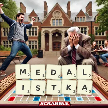 Kreatywna ilustracja do gry w Scrabble ze słowem MEDALISTKĄ ułożonym z płytek na planszy.