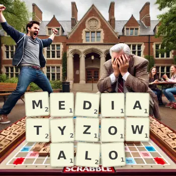 Kreatywna ilustracja do gry w Scrabble ze słowem MEDIATYZOWALO ułożonym z płytek na planszy.