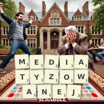 Kreatywna ilustracja do gry w Scrabble ze słowem MEDIATYZOWANEJ ułożonym z płytek na planszy.