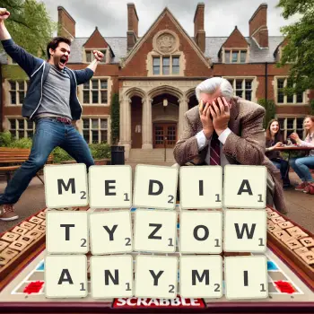 Kreatywna ilustracja do gry w Scrabble ze słowem MEDIATYZOWANYMI ułożonym z płytek na planszy.