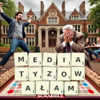 Kreatywna ilustracja do gry w Scrabble ze słowem MEDIATYZOWAŁAM ułożonym z płytek na planszy.