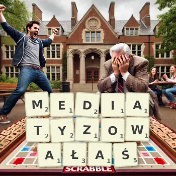 Kreatywna ilustracja do gry w Scrabble ze słowem MEDIATYZOWAŁAŚ ułożonym z płytek na planszy.