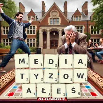 Kreatywna ilustracja do gry w Scrabble ze słowem MEDIATYZOWAŁEŚ ułożonym z płytek na planszy.