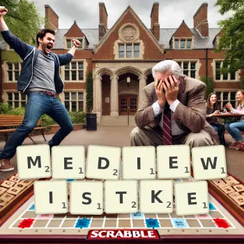 Kreatywna ilustracja do gry w Scrabble ze słowem MEDIEWISTKE ułożonym z płytek na planszy.