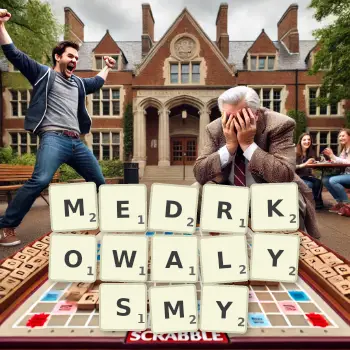 Kreatywna ilustracja do gry w Scrabble ze słowem MEDRKOWALYSMY ułożonym z płytek na planszy.