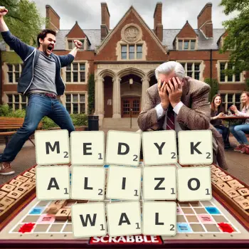 Kreatywna ilustracja do gry w Scrabble ze słowem MEDYKALIZOWAL ułożonym z płytek na planszy.