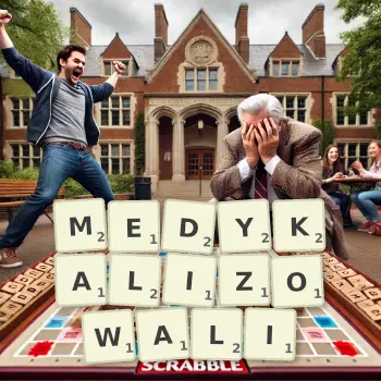Kreatywna ilustracja do gry w Scrabble ze słowem MEDYKALIZOWALI ułożonym z płytek na planszy.