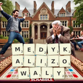Kreatywna ilustracja do gry w Scrabble ze słowem MEDYKALIZOWALY ułożonym z płytek na planszy.