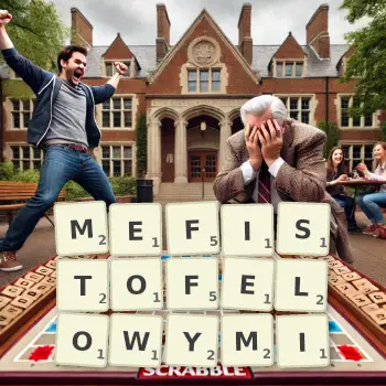 Kreatywna ilustracja do gry w Scrabble ze słowem MEFISTOFELOWYMI ułożonym z płytek na planszy.