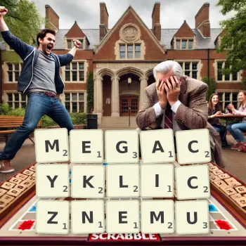 Kreatywna ilustracja do gry w Scrabble ze słowem MEGACYKLICZNEMU ułożonym z płytek na planszy.