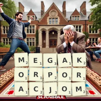 Kreatywna ilustracja do gry w Scrabble ze słowem MEGAKORPORACJOM ułożonym z płytek na planszy.