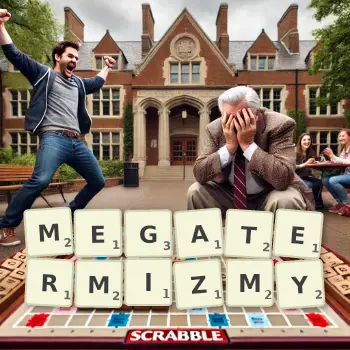 Kreatywna ilustracja do gry w Scrabble ze słowem MEGATERMIZMY ułożonym z płytek na planszy.