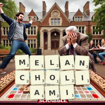 Kreatywna ilustracja do gry w Scrabble ze słowem MELANCHOLIAMI ułożonym z płytek na planszy.