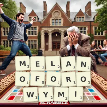 Kreatywna ilustracja do gry w Scrabble ze słowem MELANOFOROWYMI ułożonym z płytek na planszy.