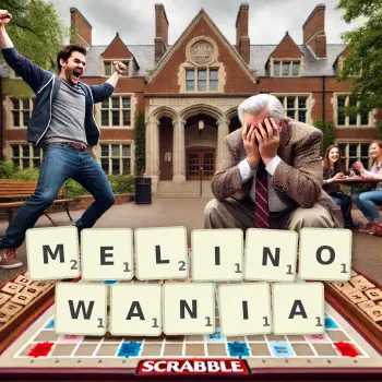 Kreatywna ilustracja do gry w Scrabble ze słowem MELINOWANIA ułożonym z płytek na planszy.