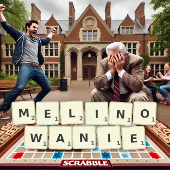 Kreatywna ilustracja do gry w Scrabble ze słowem MELINOWANIE ułożonym z płytek na planszy.