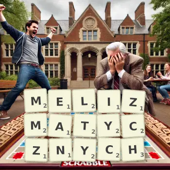 Kreatywna ilustracja do gry w Scrabble ze słowem MELIZMATYCZNYCH ułożonym z płytek na planszy.