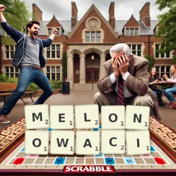 Kreatywna ilustracja do gry w Scrabble ze słowem MELONOWACI ułożonym z płytek na planszy.