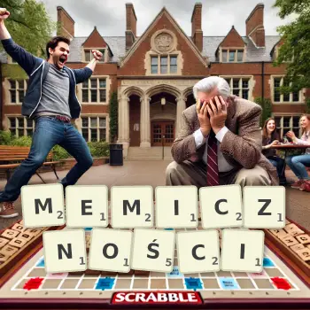 Kreatywna ilustracja do gry w Scrabble ze słowem MEMICZNOŚCI ułożonym z płytek na planszy.