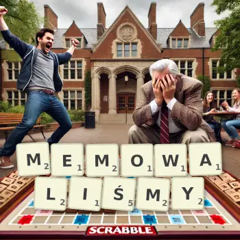 Kreatywna ilustracja do gry w Scrabble ze słowem MEMOWALIŚMY ułożonym z płytek na planszy.