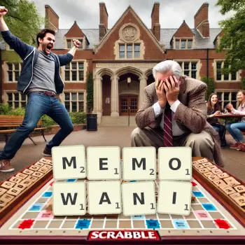 Kreatywna ilustracja do gry w Scrabble ze słowem MEMOWANI ułożonym z płytek na planszy.
