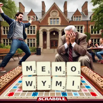 Kreatywna ilustracja do gry w Scrabble ze słowem MEMOWYMI ułożonym z płytek na planszy.