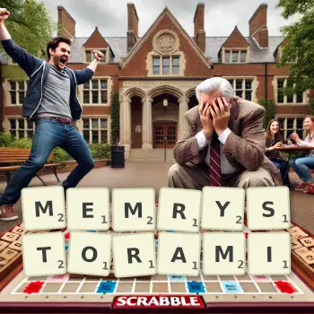 Kreatywna ilustracja do gry w Scrabble ze słowem MEMRYSTORAMI ułożonym z płytek na planszy.