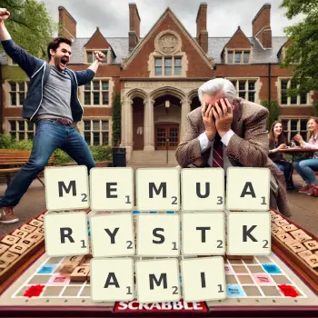 Kreatywna ilustracja do gry w Scrabble ze słowem MEMUARYSTKAMI ułożonym z płytek na planszy.